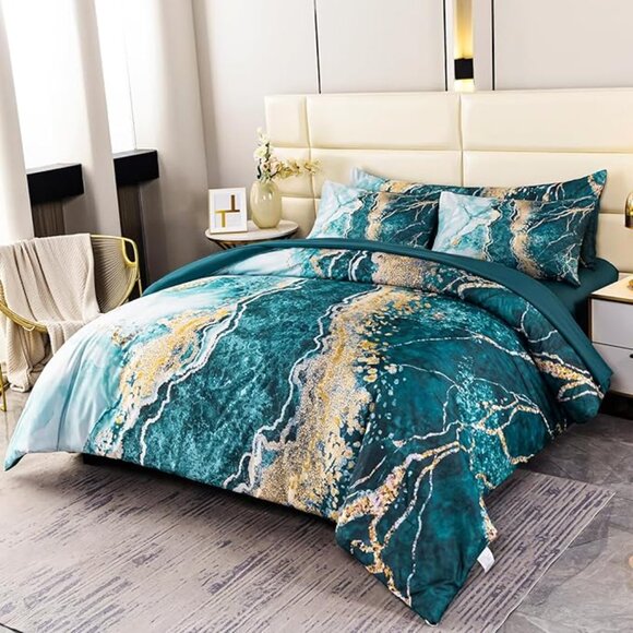 New  6 Pcs Bed-in-A-Bag Blue Watercolor Marble Printed  Comforter Set wi… - Picture 11 of 11